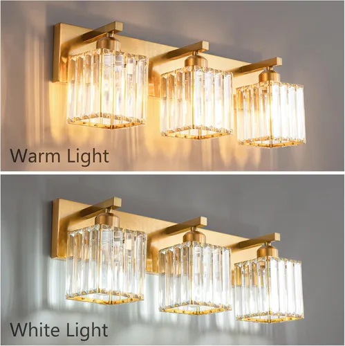 Vista 3 de ZHLWIN Moderna lámpara de tocador de baño de cristal dorado, 3 luces, moderna lámpara de pared de baño dorada 002 dorado 3 luces