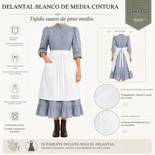 Vista 7 de White Maid Half Apron for Women with Pocket, Vintage Ruffled Apron Blanco