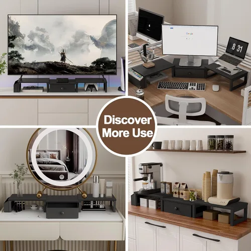 Vista 8 de LAND·VOI Soporte Dual para Monitor con Cajón y Bolsillos Laterales, Elevador de Monitor para Escritorio, Almacenamiento para Escritorio de Oficina