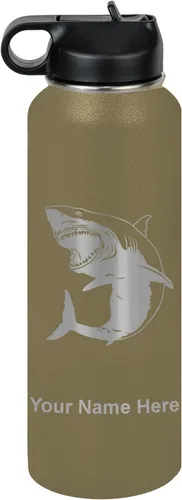 Vista 68 de LaserGram Botella de agua personalizada, gran tiburón blanco, acero inoxidable de doble pared aislada al vacío con popote superior, regalo grabado