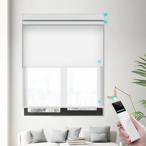 Vista 9 de ZSTARR Persiana inteligente doble motorizada para ventana con control remoto, persiana enrollable opaca automática tamaño personalizable, con cenefa