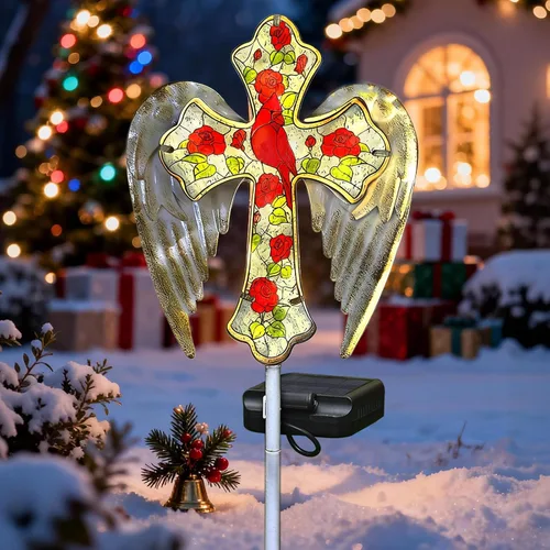 Vista 15 de Luz solar de cristal de la estaca del jardín, alas de ángel de Halloween Cruz de cristal de Jesús