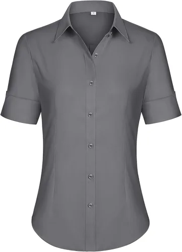 Vista 19 de siliteelon Camisas de vestir de manga corta con botones para mujer, camisas de algodón con botones para mujer, blusa ajustada de manga 3/4