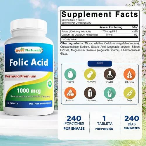 Vista 2 de Best Naturals Ácido fólico 1000 mcg (vitamina B9), 240 tabletas