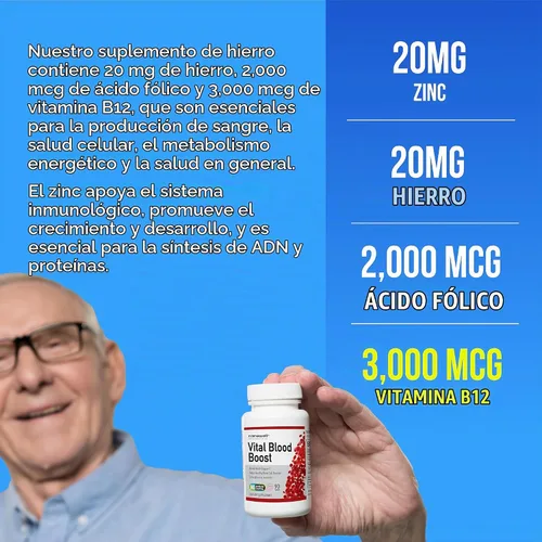 Vista 5 de Vital Blood Boost - Suplemento dietético con hierro, selenio, zinc, vitamina B12 y ácido fólico - 90 tabletas, suministro para 90 días