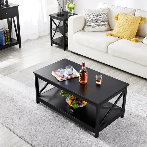 Vista 4 de Topeakmart X-Design - Juego de 3 mesas de sala de estar, con 1 mesa auxiliar y 2 mesas laterales para sofá, color negro