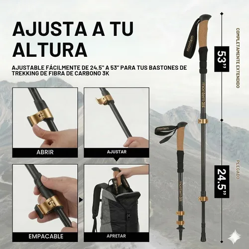 Vista 4 de Montem Bastones de senderismo de fibra de carbono – Bastones de senderismo ultraligeros 3K, plegables y ajustables con agarre de corcho, bastones