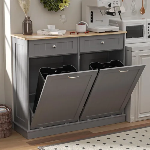 Vista 11 de Spurgehom Gabinete de Basura Inclinable de 13 Galones Bote de Basura de Cocina Oculto Gabinete de Basura y Reciclaje Independiente con Cajón Oculto