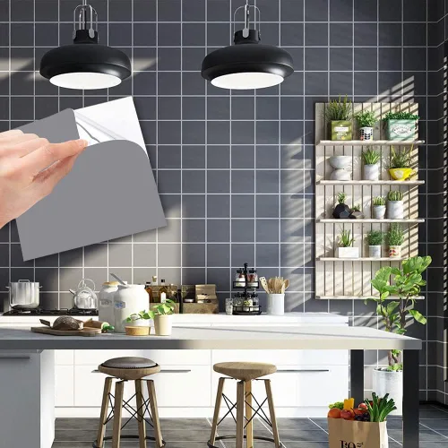 Vista 2 de Calcomanías de azulejos, 50 piezas adhesivas tipo pelar y pegar de 6'' x 6'' autoadhesivas, adhesivo para pared impermeable y a prueba de aceite Gris