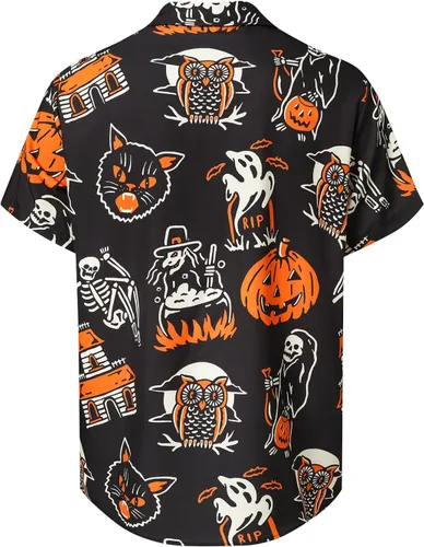 Vista 2 de Hardaddy Camisa de Halloween para hombre, manga corta, con botones, divertida impresión, casual