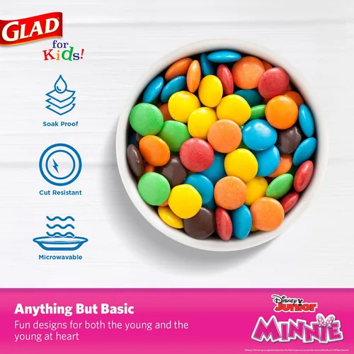 Vista 4 de Glad para niños Disney Mickey y amigos, cuencos desechables de papel para aperitivos, sin tapas, Minnie rosa - resistente, apto para microondas