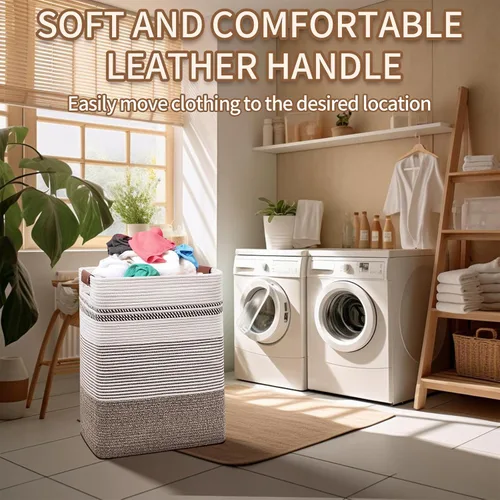 Vista 26 de DOFASAYI Cesta de lavandería grande de 72 litros con asas de cuero, cesta de almacenamiento decorativa para mantas, cesta de ropa para sala