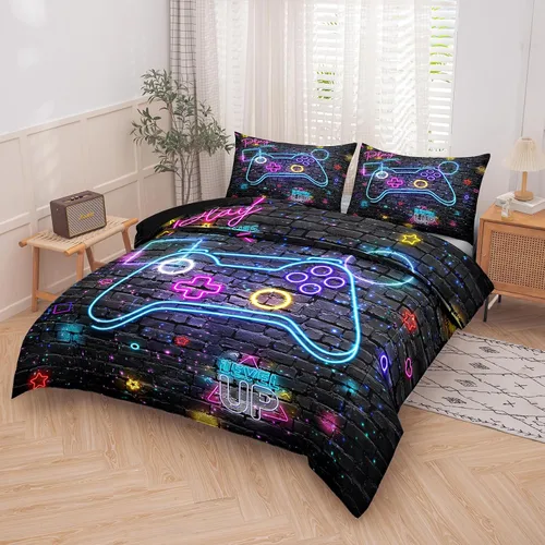 Vista 2 de MWMWMW Juego de edredón gaming de 5 piezas para niños, juegos de ropa de cama twin para niños, juego de edredón tamaño twin para niños con 1