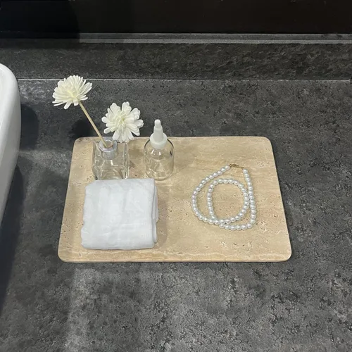 Vista 6 de Bandeja de travertino beige de mármol natural, bandeja de queso de repostería, plato de café de postre, losa de mármol suave de doble cara