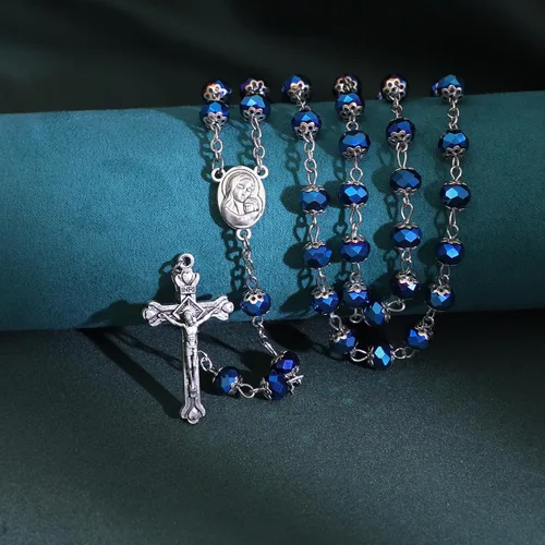 Vista 10 de KOMI Rosario de cuentas católicas para mujer, collar de cuentas de rosario con cruz de crucifijo, perlas de cristal, rosario, rosarios, católicos