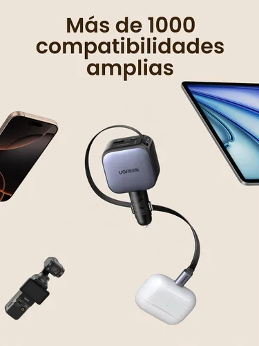 Vista 7 de UGREEN Cargador de coche 2C1A de 60 W con cable retráctil, cargador rápido de 3 puertos con 30 W PD USB-C, USB-A, adaptador de encendedor