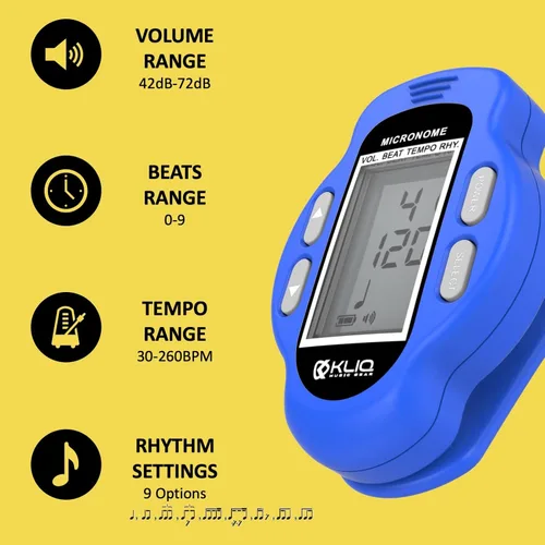 Vista 4 de KLIQ MicroNome - Mini metrónomo digital recargable - con altavoz (volumen digital, ajuste de ritmo y tempo) diseñado para su uso con piano, Azul