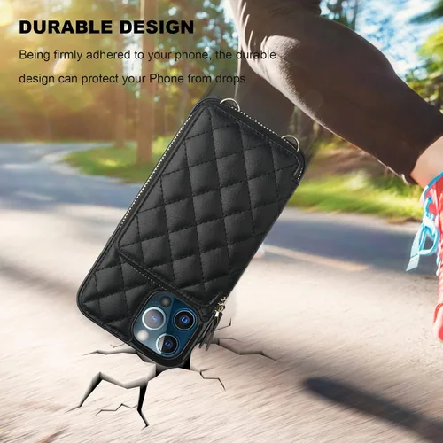 Vista 8 de Bocasal Funda tipo cartera cruzada para iPhone 12 Pro Max, con bloqueo RFID, de piel sintética, con cremallera, funda tipo cartera con función atril