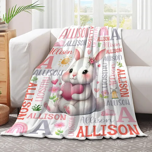 Vista 2 de Manta de conejo personalizada para niños y niñas, manta de bebé ultra suave, regalo personalizado, decoración de manta con nombre, 30 x 40 pulgadas
