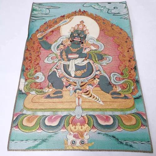 Vista 2 de Tapiz de budismo tibetano Thangka con bordado de seda, color negro, Wenshu Manjushri Tangka Fengshui, mural, pintura mural para colgar en la pared