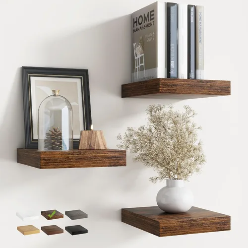 Vista 48 de Estantes flotantes cuadrados de 8 pulgadas para pared, paquete de 3, estantes de baño con veta de madera de 8"D con soportes invisibles, estantes