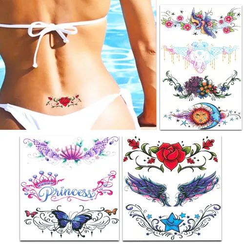 Vista 3 de Tatuajes de ombligo para mujer ~ 50 piezas precortadas individuales sexys de espalda baja tatuajes temporales traviesos Tatuajes de bikini