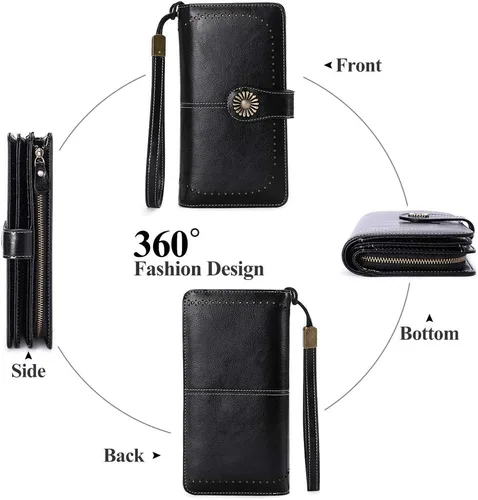 Vista 4 de Cartera de cuero genuino para mujer con correa, 24 ranuras para tarjetas, 2 compartimentos para tarjetas de identificación, ventanas para efectivo