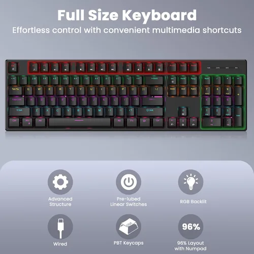 Vista 5 de Mechanical Gaming Keyboard Wired, Red Switch USB Keyboard, 104 Key Full Size Light Up Computer Keyboard for PC Mac