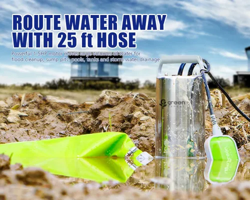 Vista 7 de Green Expert - Kit de bomba sumergible de sumidero de 1.5 HP con manguera de descarga plana de 25 pies, bomba de extracción de agua de acero