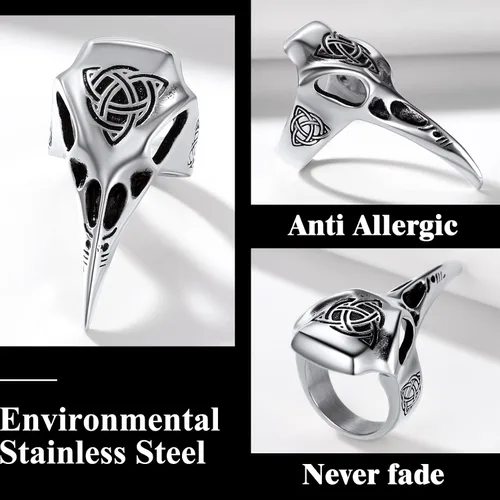 Vista 6 de Richsteel Anillo de acero inoxidable con calavera de cuervo vikingo vikingo para hombres y mujeres, joyería gótica de protección nórdica