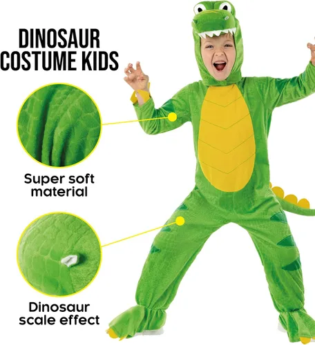 Vista 2 de Morph Disfraz de dinosaurio verde para niños, disfraz de T-Rex con piescola adjuntos, traje de dinosaurio de calidad