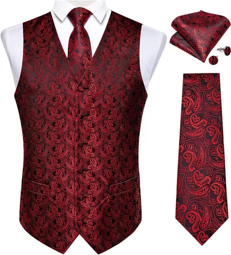 Vista 20 de DiBanGu Juego de chaleco y corbata para hombre, chaleco formal de cachemira y corbata con bolsillo cuadrado y gemelos, de seda, para traje o Verde