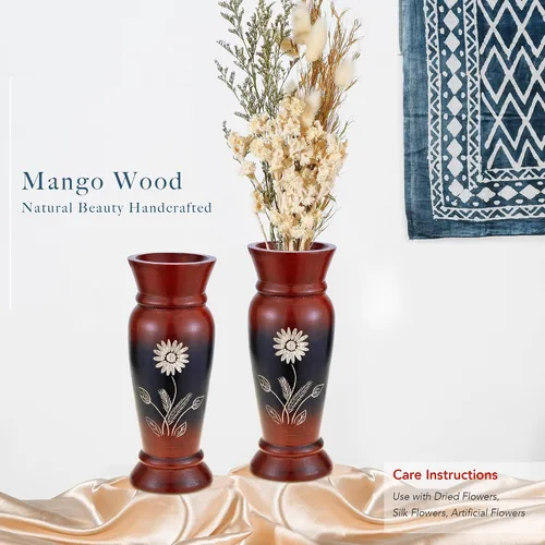 Vista 2 de AeraVida Juego de jarrones de madera de mango de 8 pulgadas con flores rojas vintage (2 piezas) Jarrones de madera rústicos hechos a mano