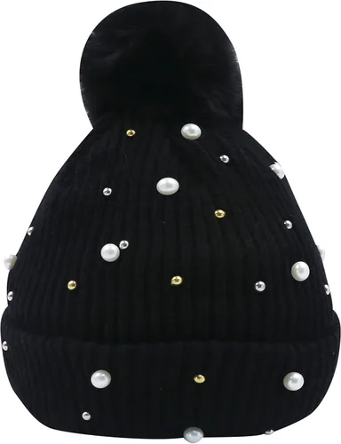Vista 2 de Gorro de invierno holgado para mujer con bola de piel, gorro de perlas con perlas de otoño, gorro cálido y grueso, gorro de esquí con calavera