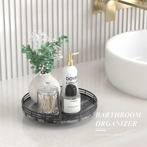 Vista 2 de Marble Lazy Susan - Tocadiscos para mesa, bandeja redonda de mármol de grano de madera antigua de 10 pulgadas para mesa de comedor, encimera de Negro