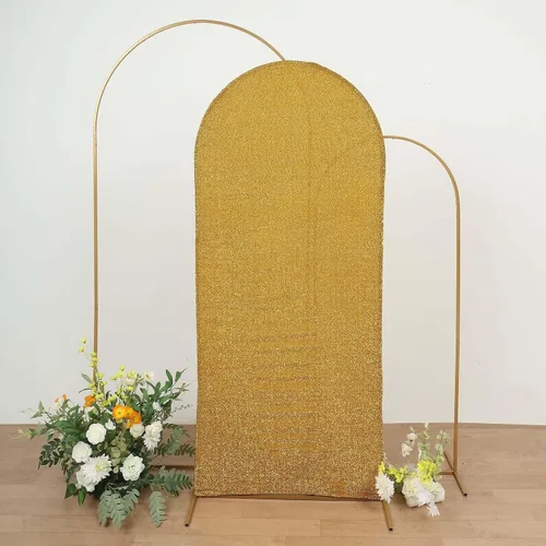 Vista 25 de Efavormart - Marco de fondo redondo de elastano dorado antiguo brillante de 5 pies, cubierta metálica brillante para arco de boda de 2 lados
