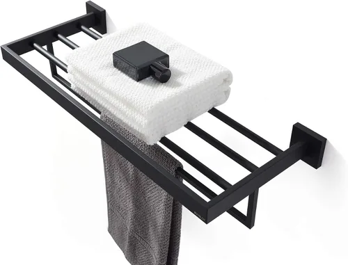 Vista 2 de Toallero, toallero para baño, toallero cuadrado moderno estilo hotel con estante, 24 pulgadas, negro mate, montado en la pared, sin montaje, serie