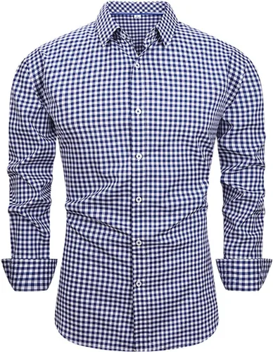 Vista 4 de Ymosrh Camisa de vestir a cuadros para hombre, de manga larga, informal, de moda, con botones