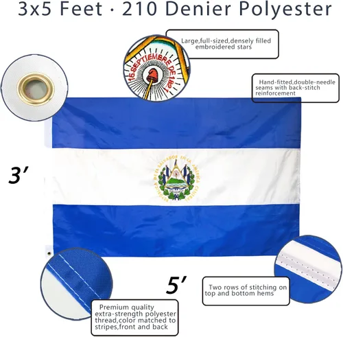 Vista 2 de Anley EverStrong Series Bandera de El Salvador de 3 x 5 pies Heavy Duty - Rayas bordadas y cosidas - 4 filas de puntadas de seguridad - Banderas