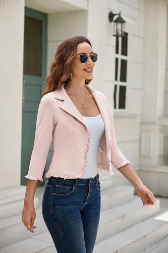Vista 5 de GRACE KARIN Chaqueta de trabajo para mujer, estilo casual, con abertura frontal, de manga corta, de algodón