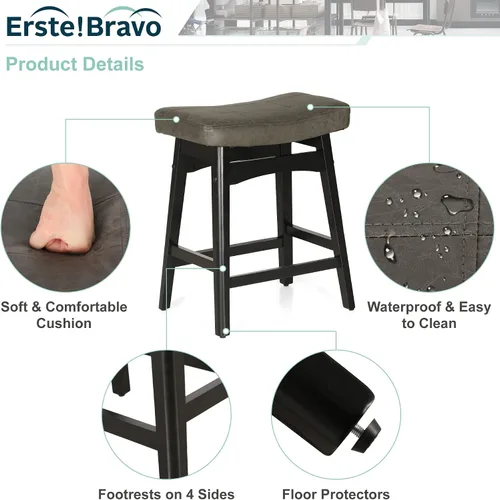 Vista 5 de Taburete de bar gris de madera maciza para encimera de cocina, taburete de bar con asiento de cuero sintético, taburete tapizado para isla de 34 a