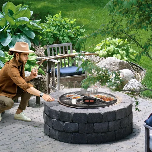 Vista 8 de X-Marks Rejilla portátil para fogata y parrilla de cocina, rejilla plegable redonda para fogata de camping, rejilla de parrilla para fogata con asas