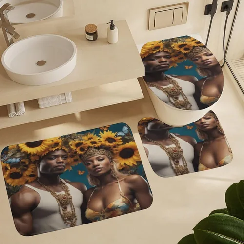 Vista 3 de Alfombra de baño para parejas afroamericanas, antideslizante, negro, King, Queen, romántica, amor, mariposa, alfombra de baño, lavable a máquina