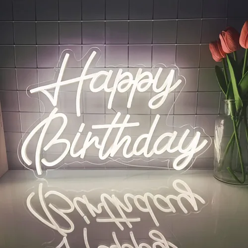Vista 4 de Happy Birthday Neon Sign Reusable Warm White LED Neon Night Light Birthday Party Decorations USB Operated Decorative for Backdrop Party Bedroom Wall