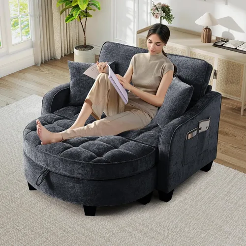 Vista 13 de Chaise Lounge Chair para interiores con puerto USB y soporte para teléfono, sillón reclinable pequeño de felpilla con otomana de almacenamiento
