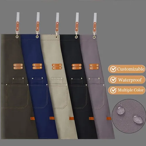 Vista 3 de Delantales personalizados con bolsillos, personalizados para hombres y mujeres, delantales de lona con logotipo