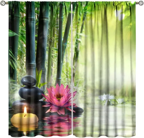 Vista 23 de Cortinas con estampado de bambú verde natural, plantas asiáticas, japonesas, tallos rústicos, hojas, cortina de selva con bolsillo para cortinero