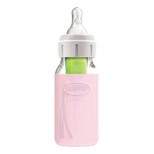 Vista 6 de Dr. Brown's Options+ Funda estrecha para botella de vidrio, 100% silicona, rosa, sin BPA, 4 onzas, paquete de 1