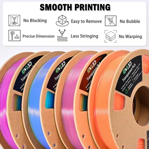Vista 4 de OVV3D - Filamento PLA para impresora 3D de 8.82 oz x 4 bobinas, PLA Transparente Pla Multicolor