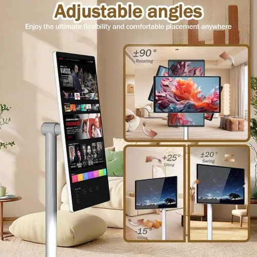 Vista 5 de TV portátil inteligente FHD de 21.5 pulgadas, TV rodante sobre ruedas, sistema operativo Android 15, almacenamiento 6G + 128GB, monitor de pantalla